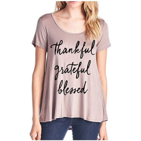 Womens Mocha Thankful Grateful Blessed Flowy Rayon Stretch A Line Loose T-Shirt - Picture 1 of 2